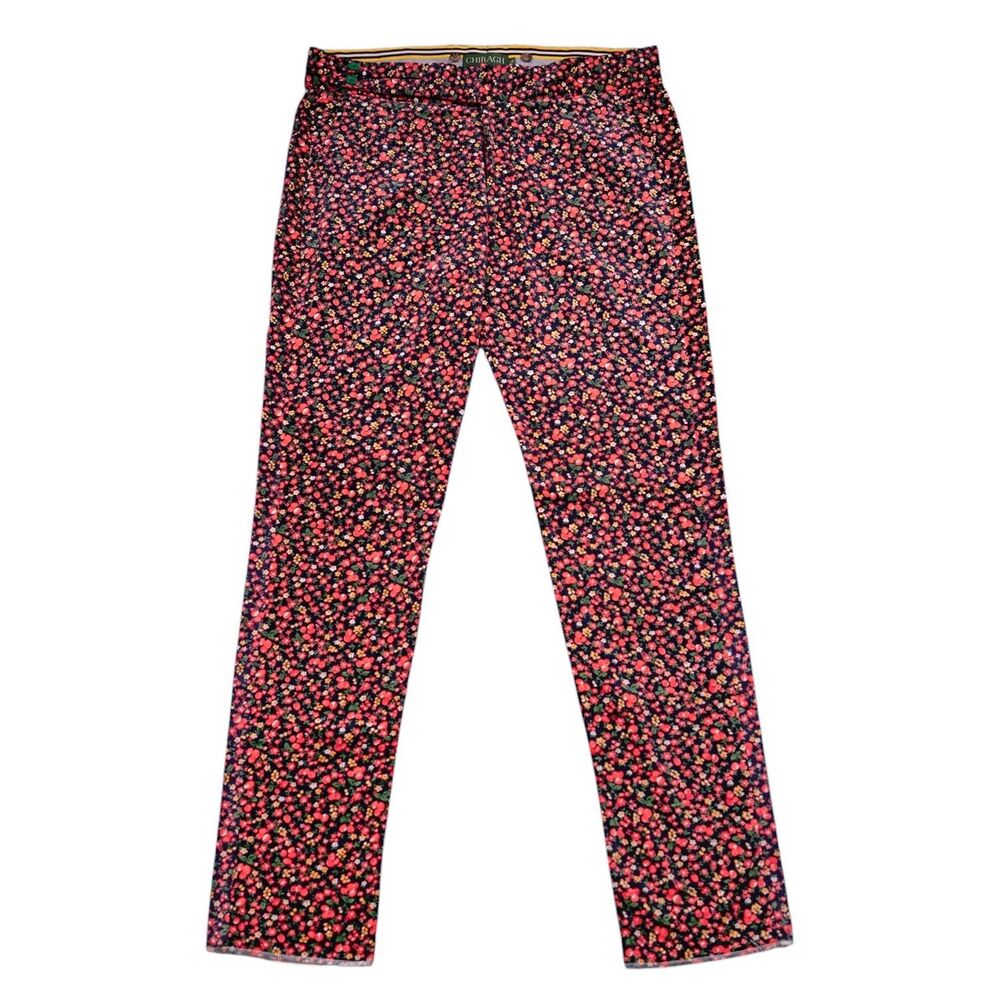 Mens 36 Red Blue Floral Velvet Gurkha Pants High Waist Flat Front Dress Trousers